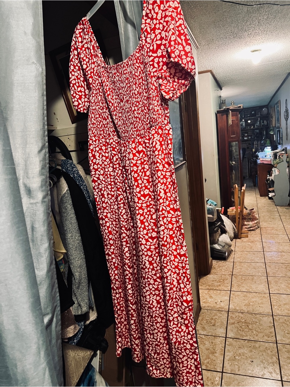 SHEIN Red Floral Midi Jumpsuit with Puff Sleeves